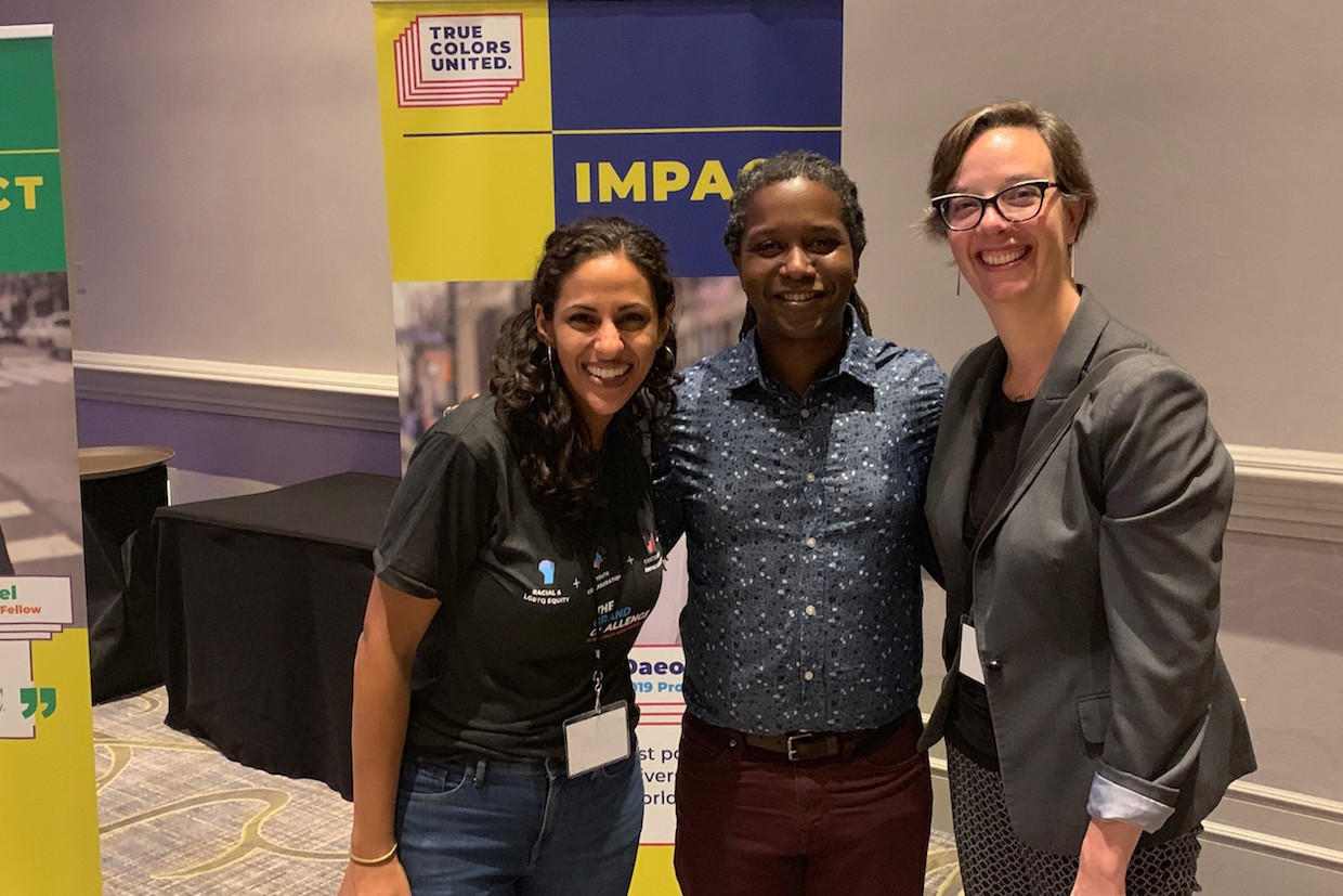 Sarah Mikhail, director of the Grand Challenge at A Way Home America, and social work professors Maurice Gattis and M. Alex Wagaman after Richmond was selected one of 10 Grand Challenge cities at the True Colors United Impact Summit in Washington, D.C.